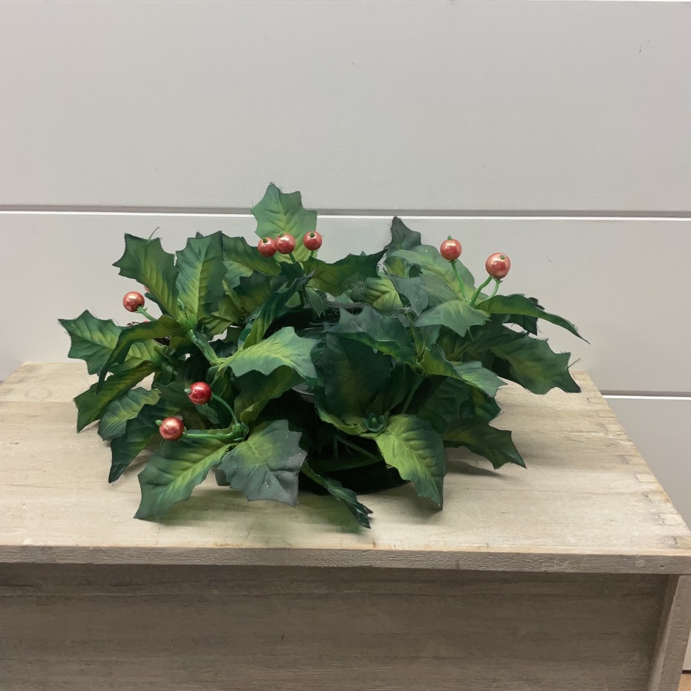 Vintage Christmas Artificial Holly Berry Candle Ring Green Red 8 Inch Holiday